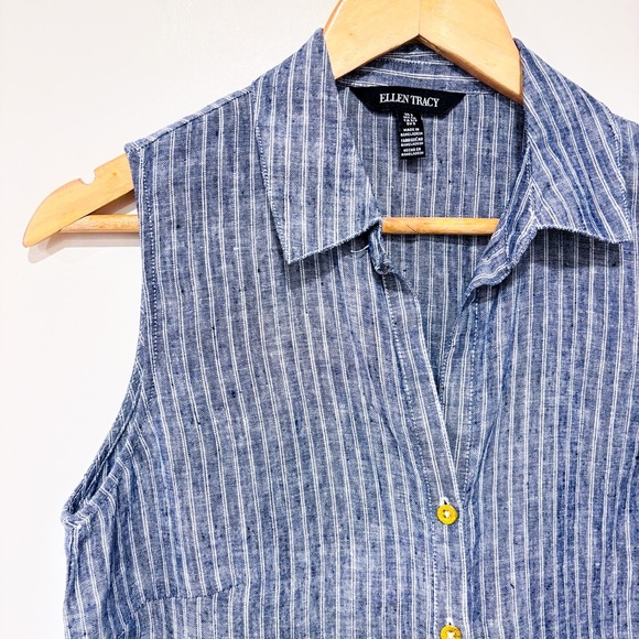 ELLEN TRACY Blue and white striped sleeveless linen shirt - Picture 3 of 6